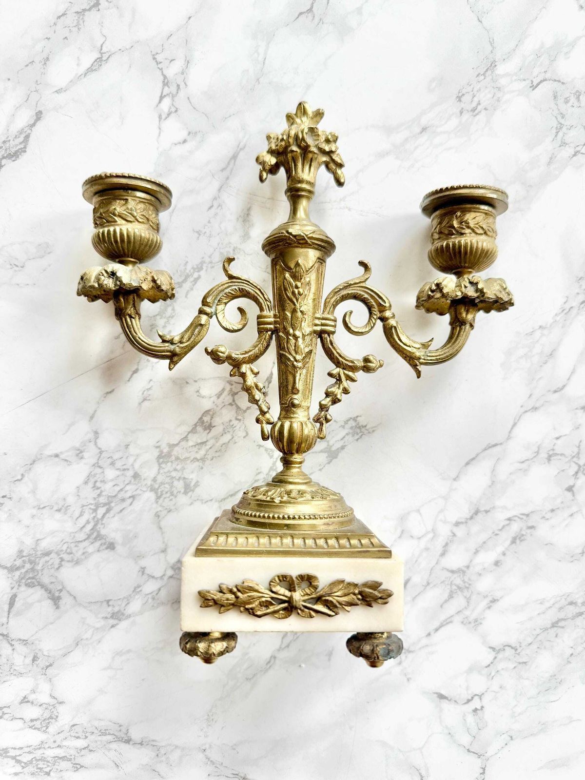 Pair Of Antique French Ormoulu Gilded Bronze And White Marble 2 Lights Candle Sticks Holders Louis XVI Style Neoclassical Decor Chateau photo furniture