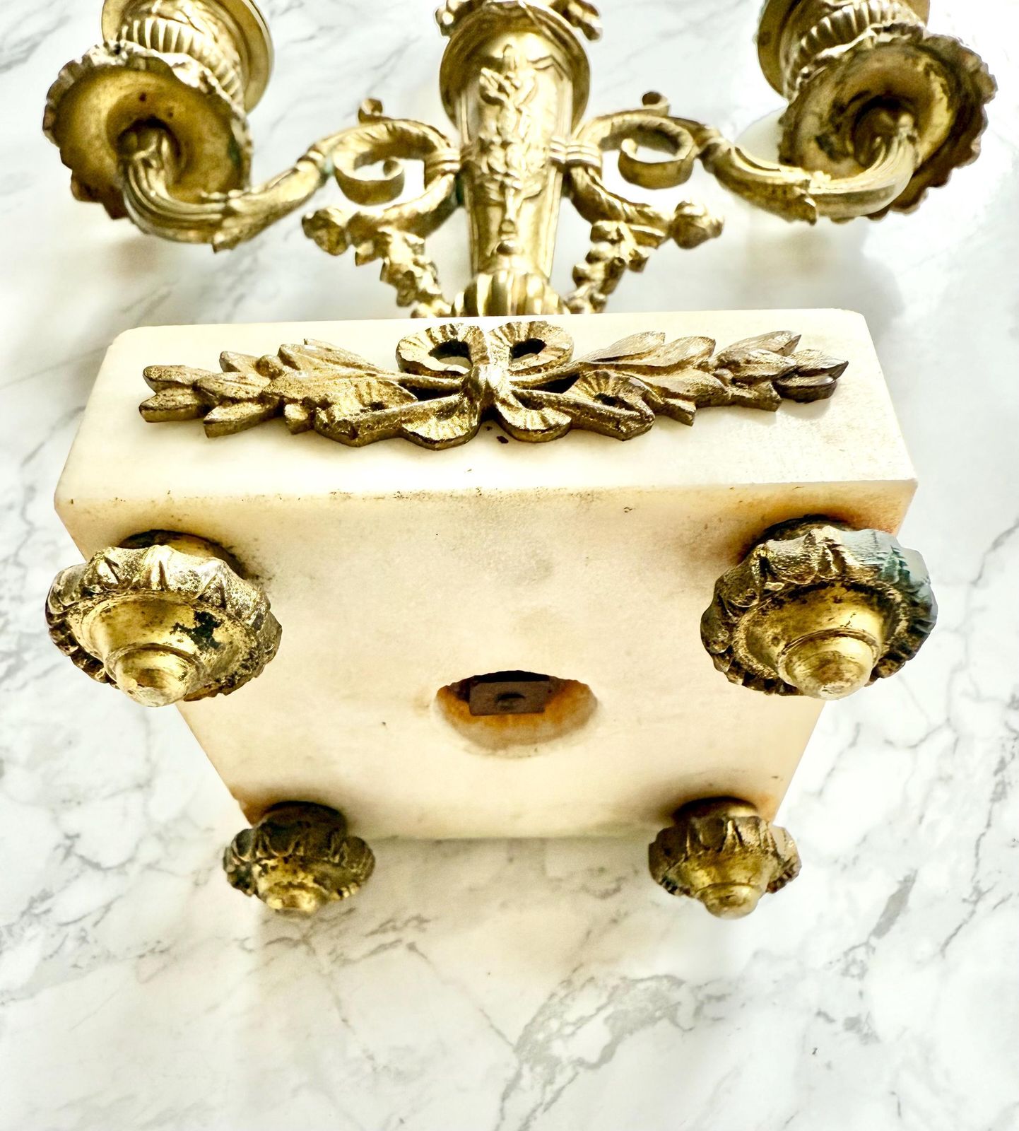 Home Decor Pair Of Antique French Ormoulu Gilded Bronze And White Marble 2 Lights Candle Sticks Holders Louis XVI Style Neoclassical Decor Chateau photo
