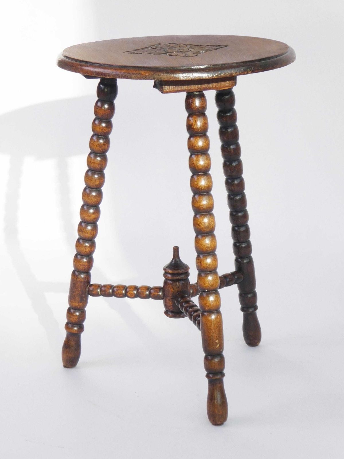 Floral Round Wooden Bobbin Side Table, Lacquered Antique Small Barley Twist Stool, Carved Rustic Plant Stand, Farmhouse Decor photo Furniture