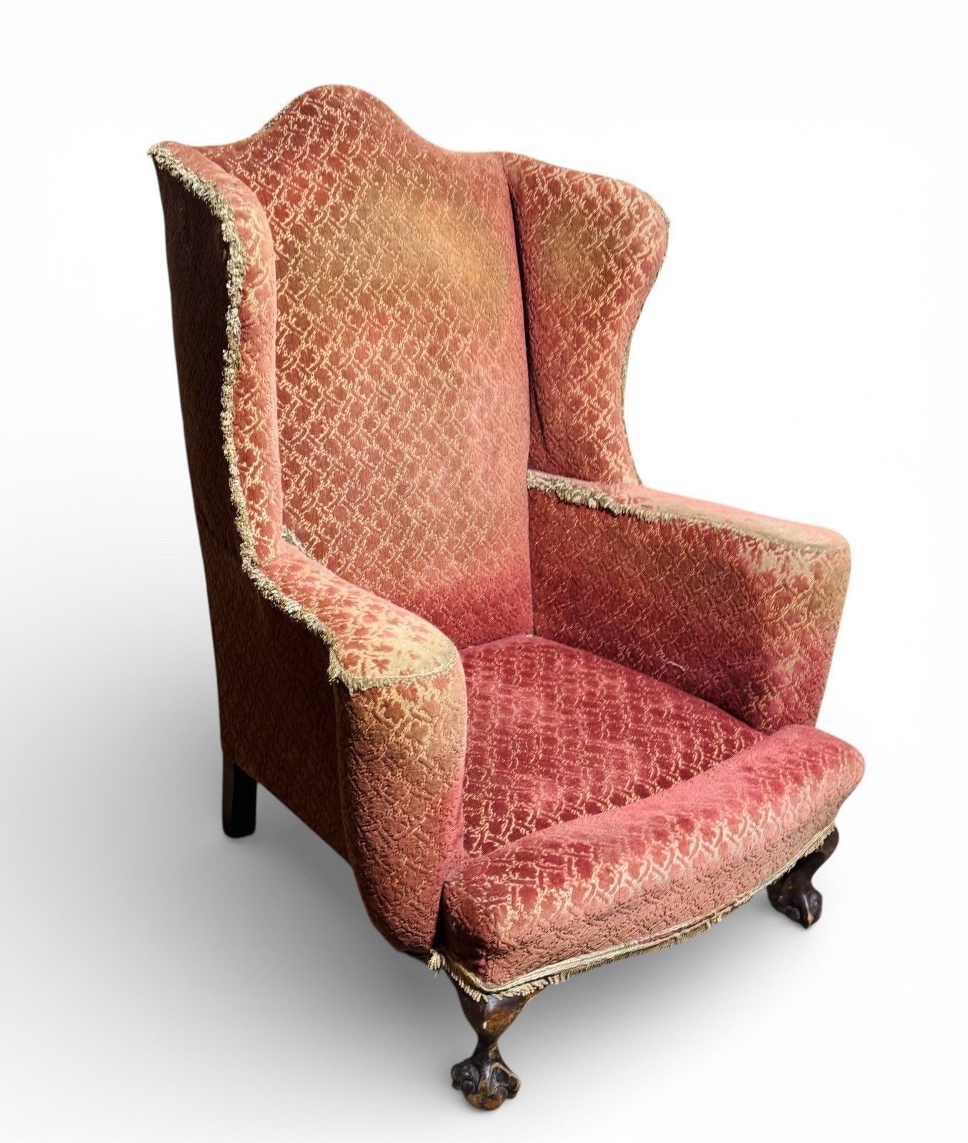 photo vinterior Antique Walnut Wing Back Armchair Claw And Ball Feet Queen Anne Style C1910 Rare