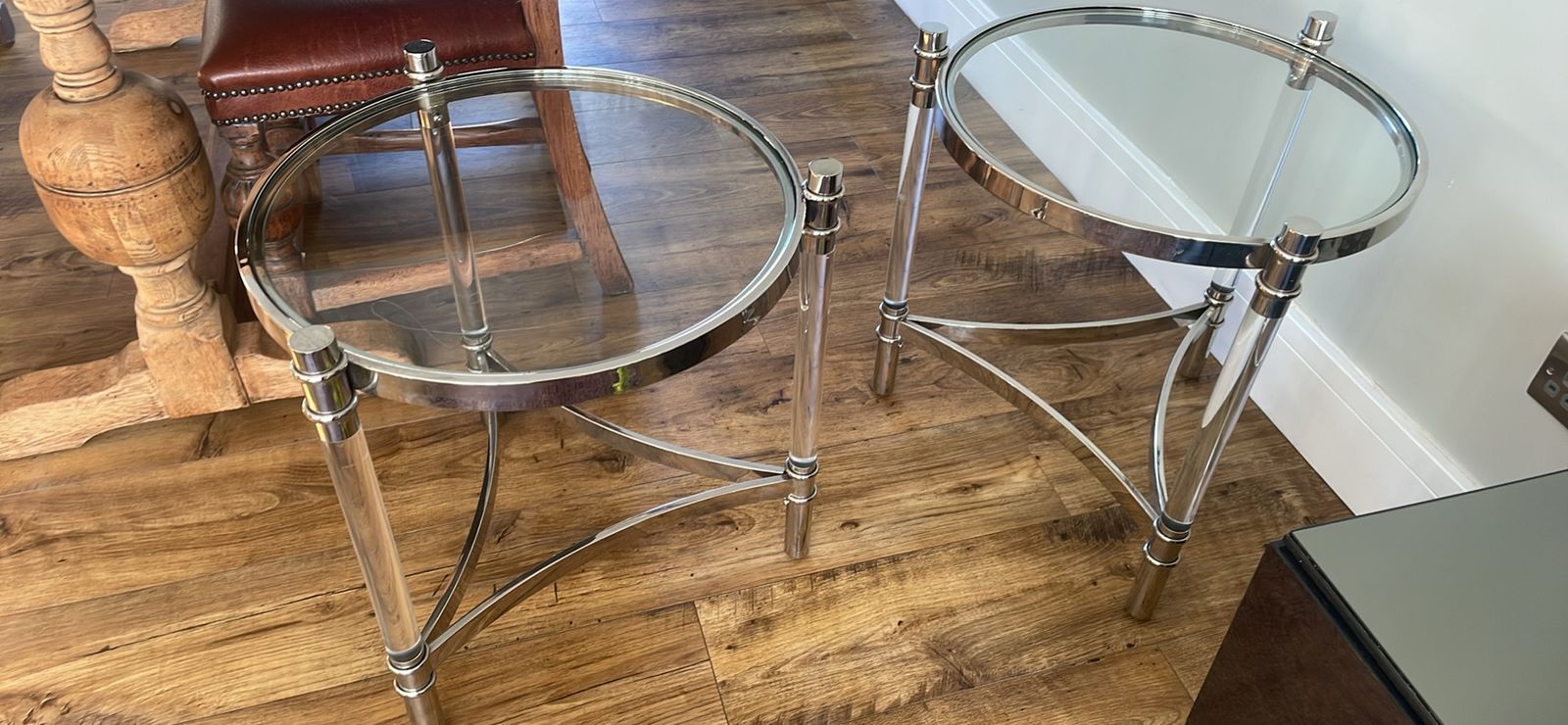 Pair Of Eichholtz Trento Chrome & Glass Side Tables / Occasional Tables photo for sale