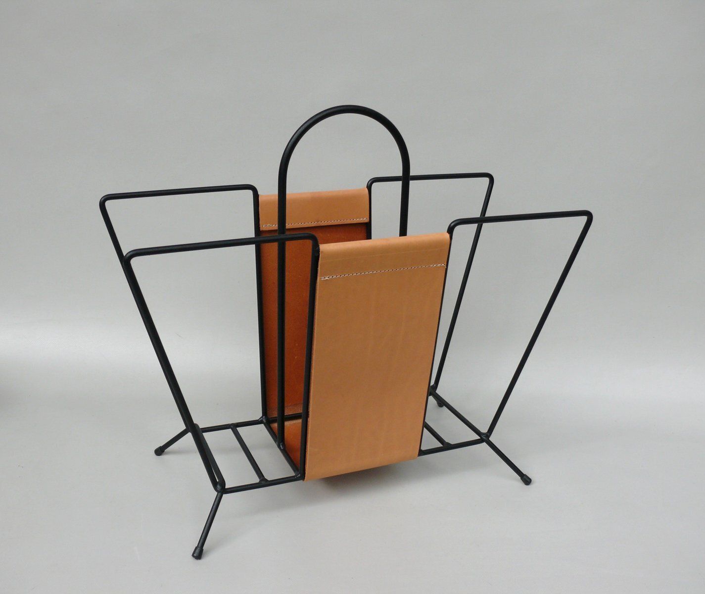 Mid Century Magazine Rack In String Steel Painted Black & Light Leather In The Style Of Jacques Adnet, 1960s photo furniture