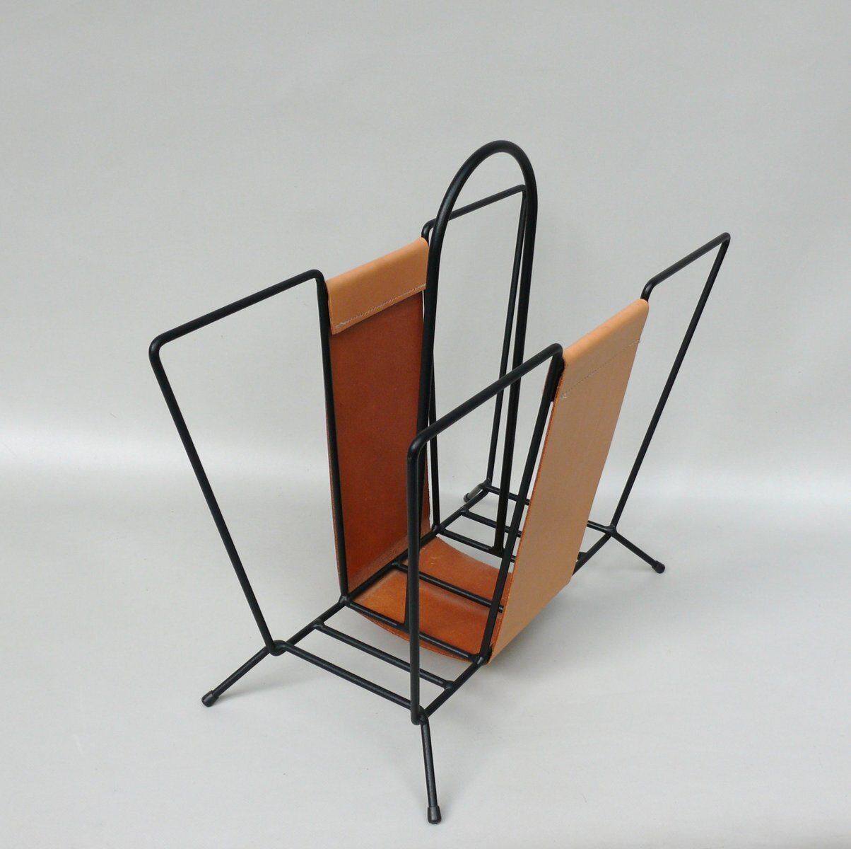 Mid Century Magazine Rack In String Steel Painted Black & Light Leather In The Style Of Jacques Adnet, 1960s photo for sale