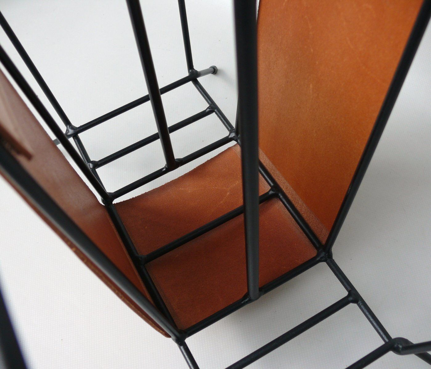 photo for sale Mid Century Magazine Rack In String Steel Painted Black & Light Leather In The Style Of Jacques Adnet, 1960s