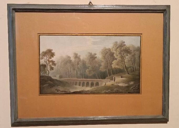 Early 19th Century Watercolor On Paper   Landscape With Aqueduct And Aqueduct Bridge