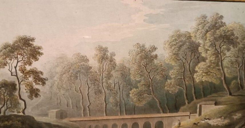 Early 19th Century Watercolor On Paper   Landscape With Aqueduct And Aqueduct Bridge photo 208.0