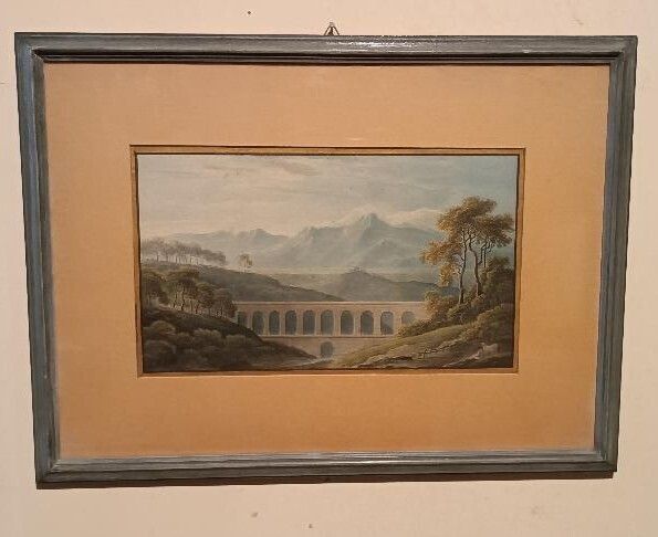 Early 19th Century Watercolor On Paper   Landscape With Aqueduct And Aqueduct Bridge