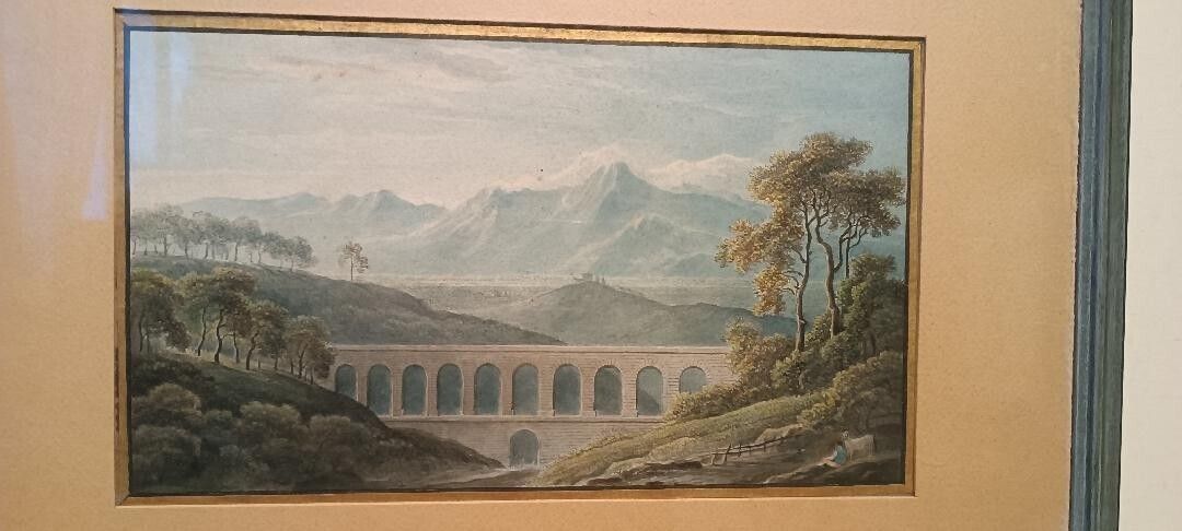 Early 19th Century Watercolor On Paper   Landscape With Aqueduct And Aqueduct Bridge photo Art