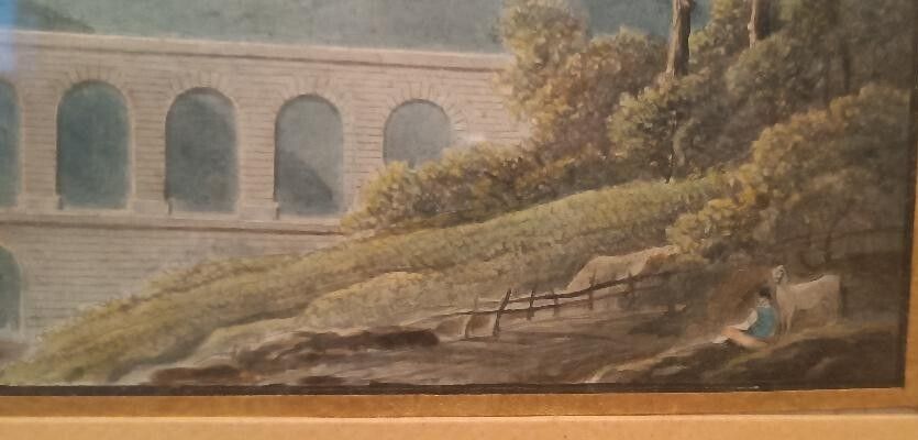Early 19th Century Watercolor On Paper   Landscape With Aqueduct And Aqueduct Bridge photo 208.0