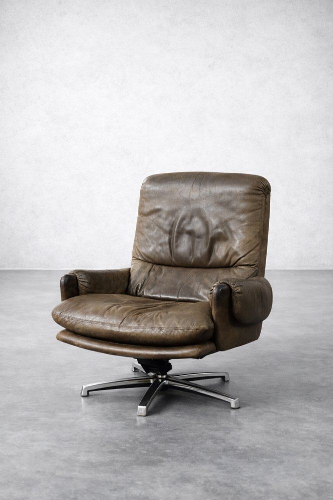 Mid Century Modern German Brown Leather Lounge Swivel Chair From Musterring, 1960s