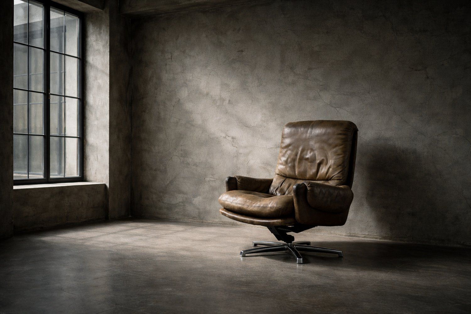 photo vinterior Mid Century Modern German Brown Leather Lounge Swivel Chair From Musterring, 1960s