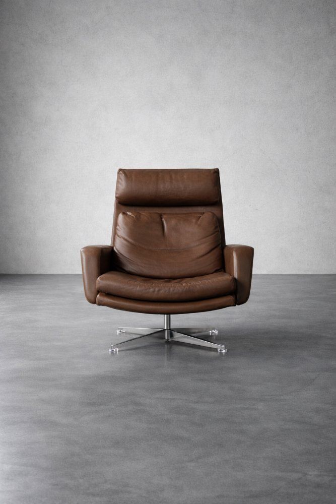 Set Of Mid Century Modern Danish Brown Leather Swivel Chair & Ottoman, 1970s photo for sale