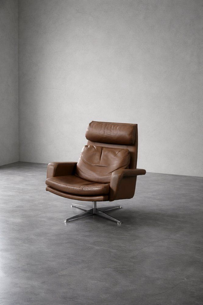 Set Of Mid Century Modern Danish Brown Leather Swivel Chair & Ottoman, 1970s photo 2287.0