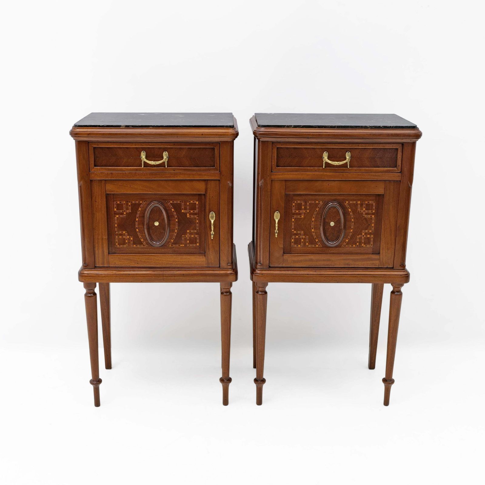 Pair Of Louis XVI Style Bedside Tables With Inlays And Marble Top, Italy, 1920s photo furniture
