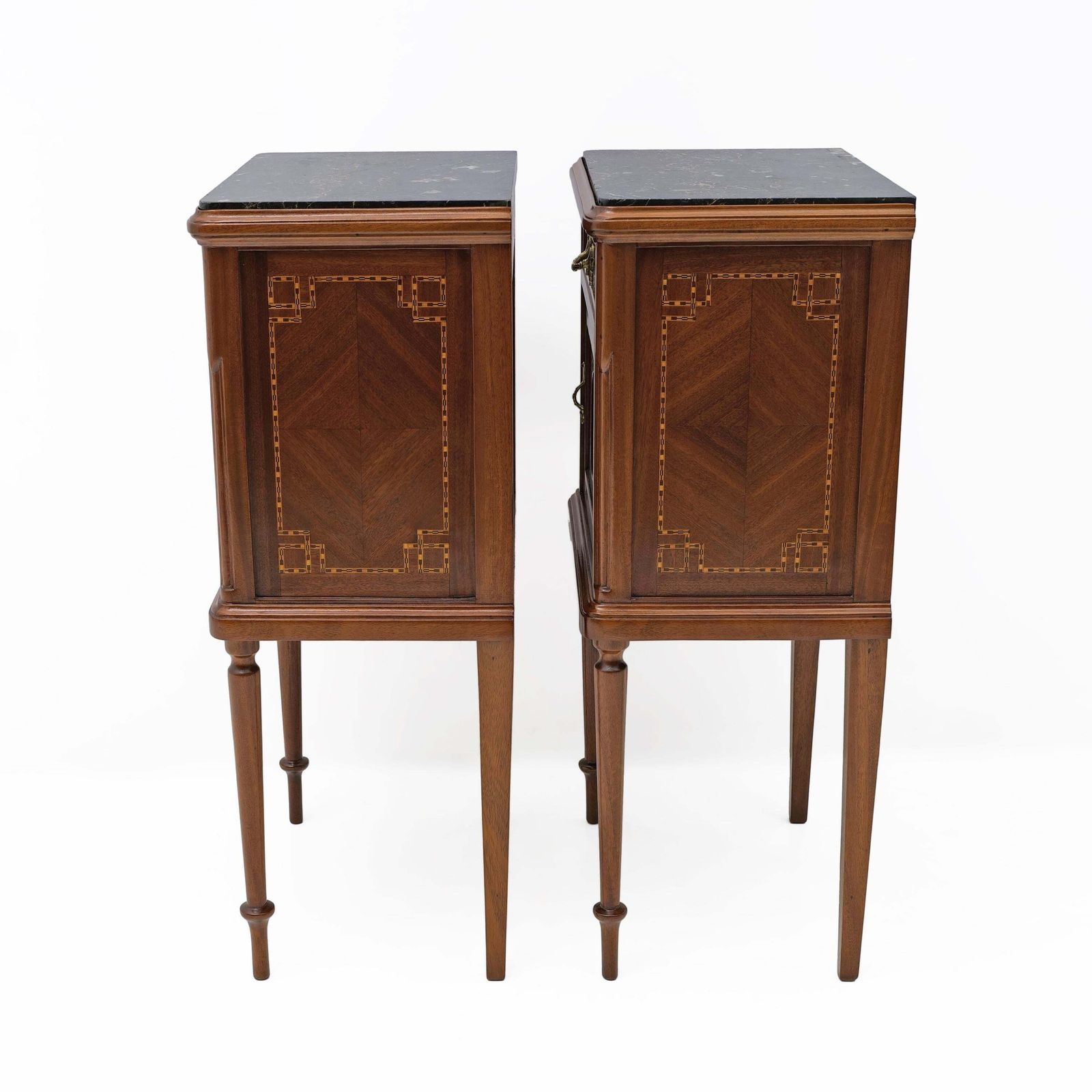 Pair Of Louis XVI Style Bedside Tables With Inlays And Marble Top, Italy, 1920s photo Furniture