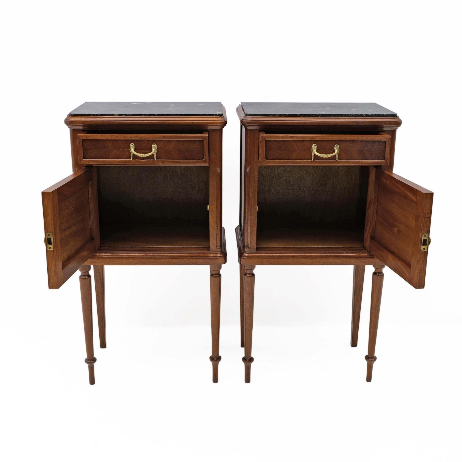 Pair Of Louis XVI Style Bedside Tables With Inlays And Marble Top, Italy, 1920s photo buy