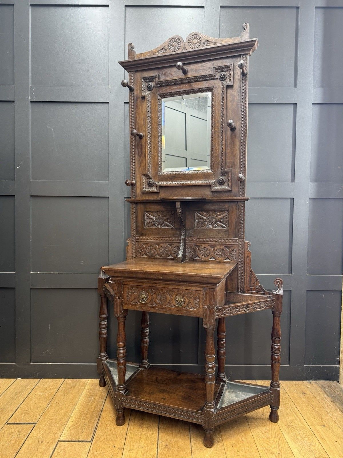 Antique Oak Hallway Coat & Hat Stand With Mirror And Storage photo 695.0