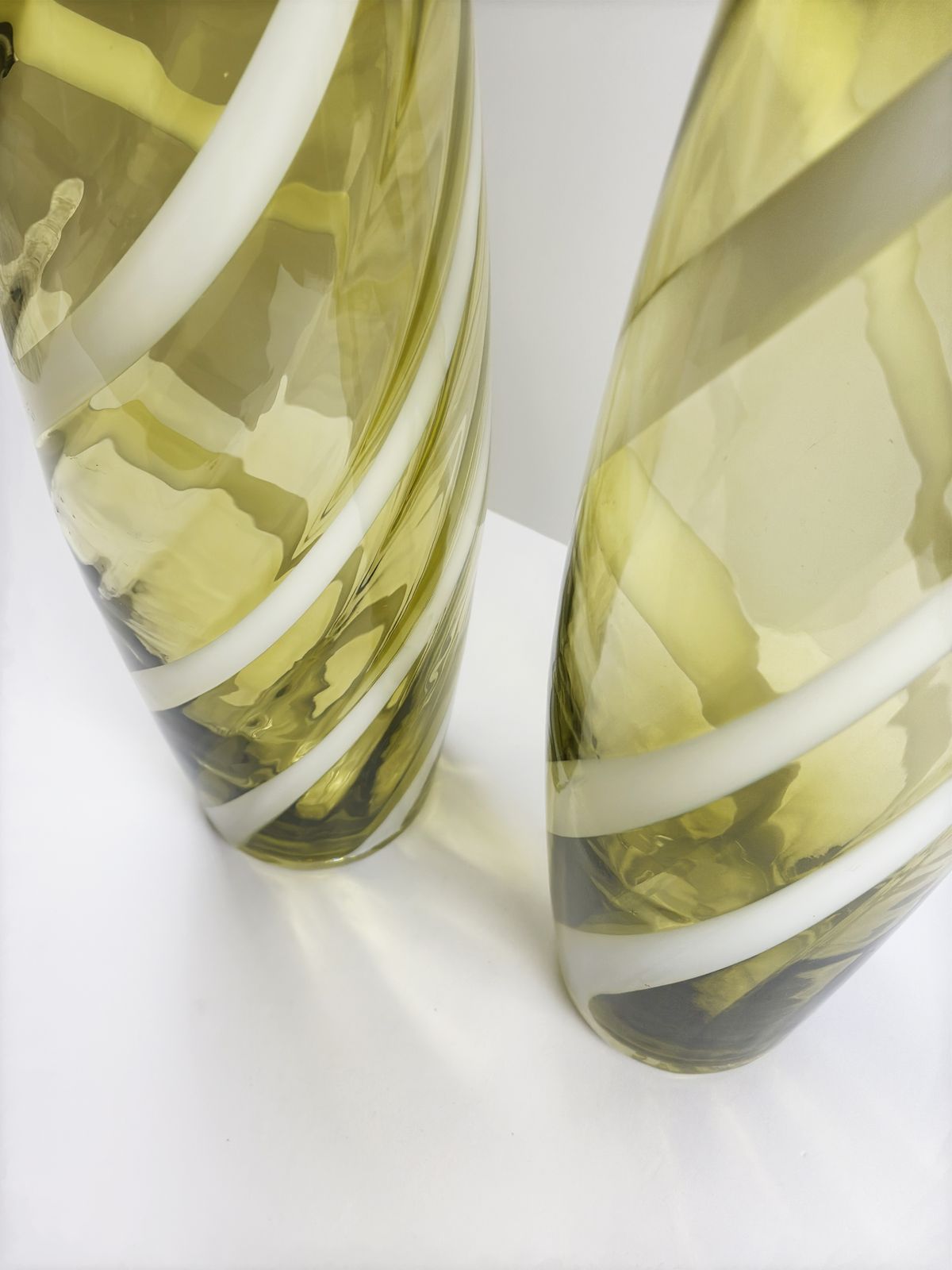 Pair Of Tall Glass Floor Vases, Lime Green, Italian Mid Century 1960s photo for sale