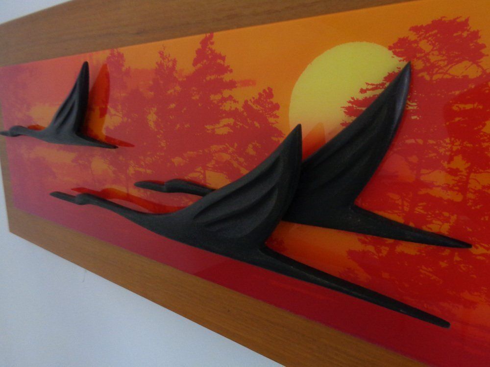 photo buy Large Mural With Flying Cranes At Sunset, Germany, 1970s