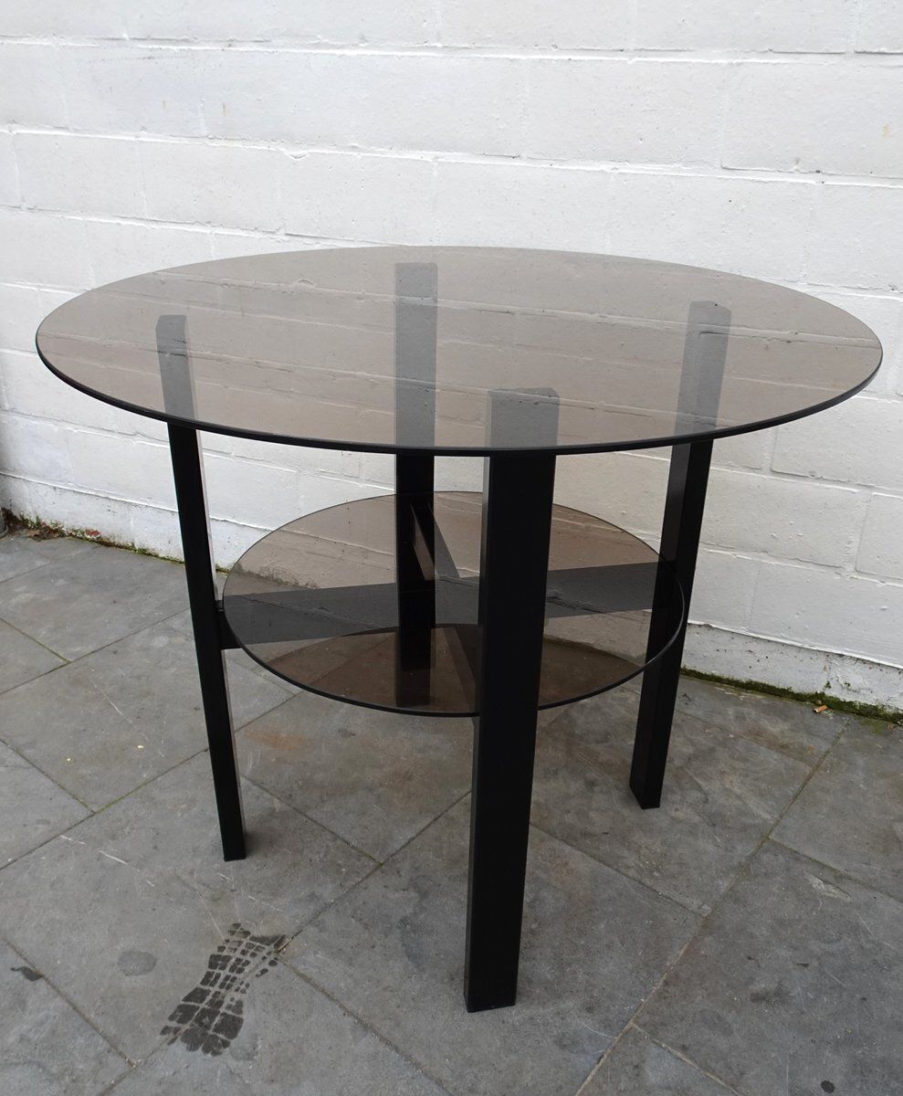 Minimalist High Metal And Smoke Glass 2 Tiered Side Table, 1980s photo furniture