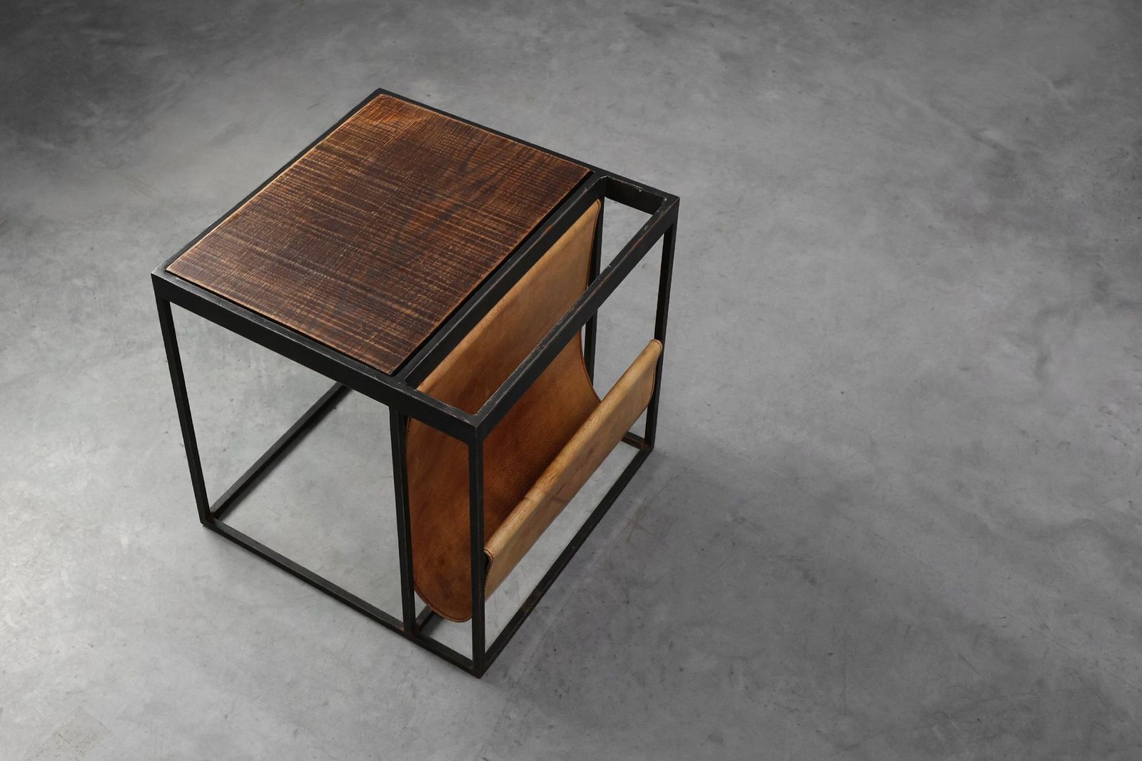 photo furniture Mid Century Magazine Holder In Metal, Wood And Leather, Belgium, 1960s