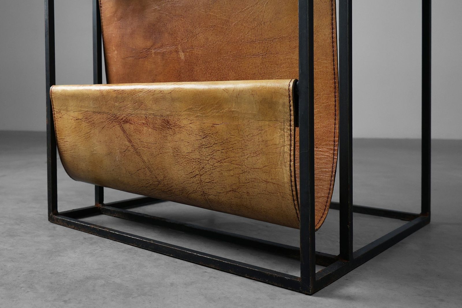 Home Decor Mid Century Magazine Holder In Metal, Wood And Leather, Belgium, 1960s photo