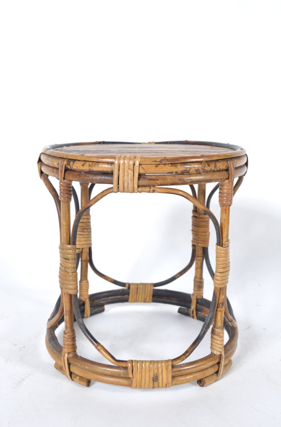 295.0 Midcentury Tortoishell Bamboo Wicker Side Table Planter Plant Stand Jardiniere Tiki photo