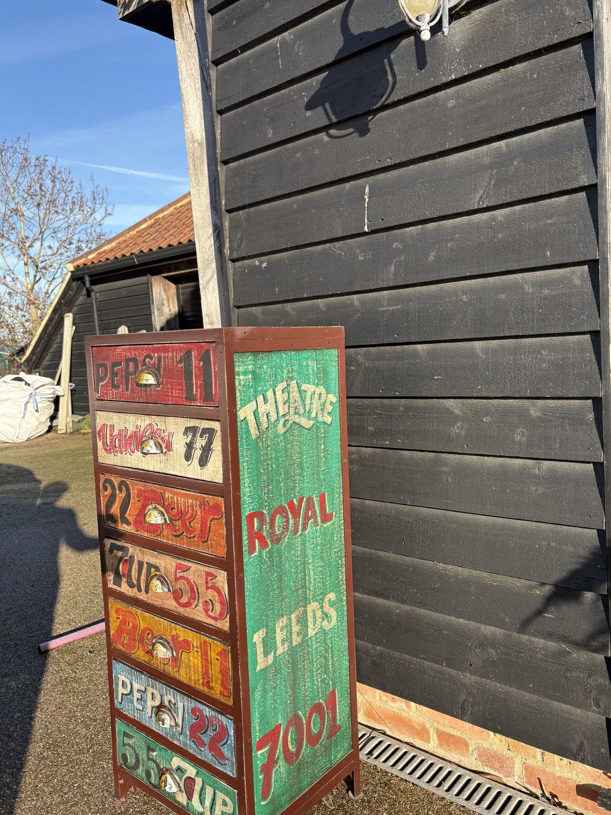 Metal Framed, Wooden Chest Of Drawers Featuring A Leeds Thestre Royal/Popular Drinks Vintage Design photo for sale