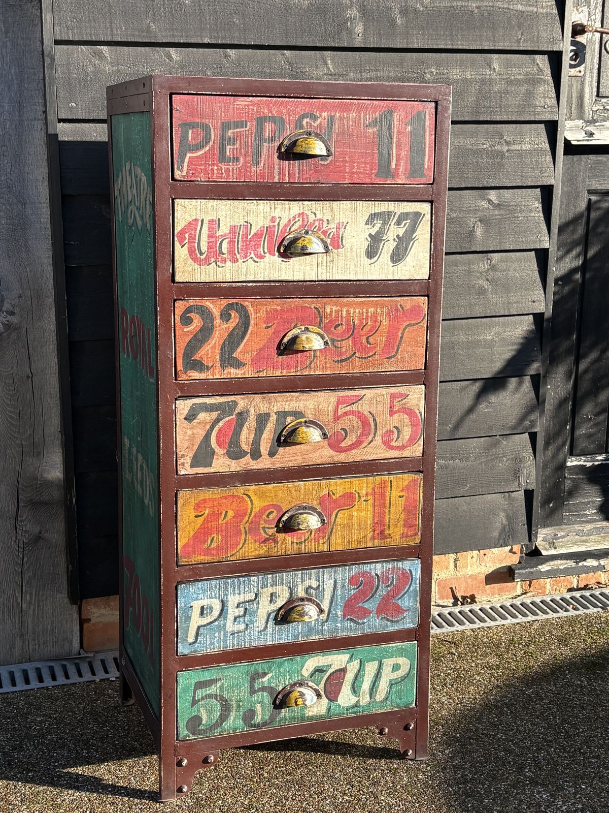 Metal Framed, Wooden Chest Of Drawers Featuring A Leeds Thestre Royal/Popular Drinks Vintage Design photo 350.0