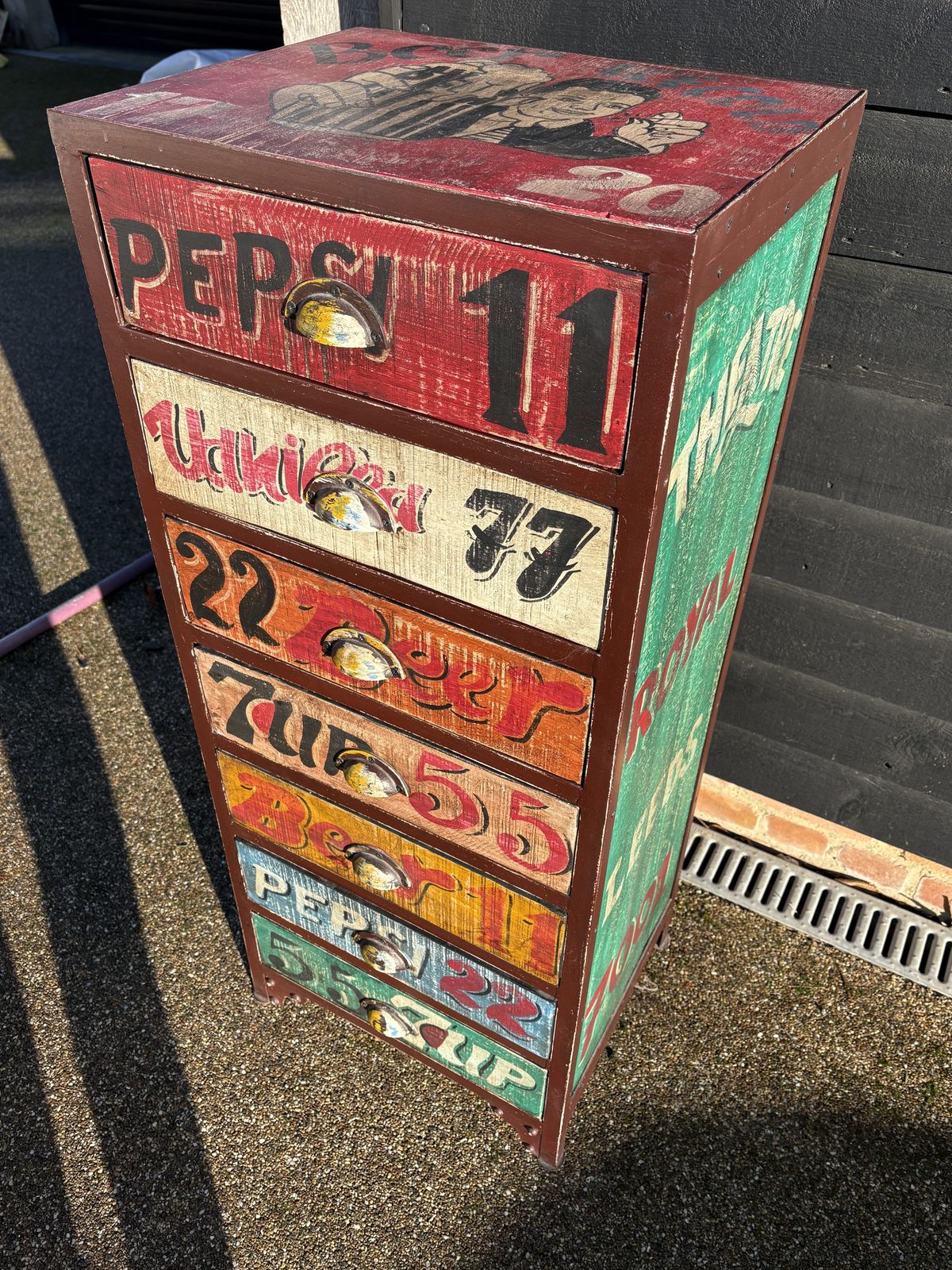 photo for sale Metal Framed, Wooden Chest Of Drawers Featuring A Leeds Thestre Royal/Popular Drinks Vintage Design
