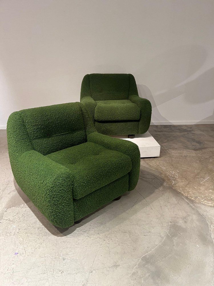 Green Bouclette Armchairs, 1970s, Set Of 2 photo vinterior
