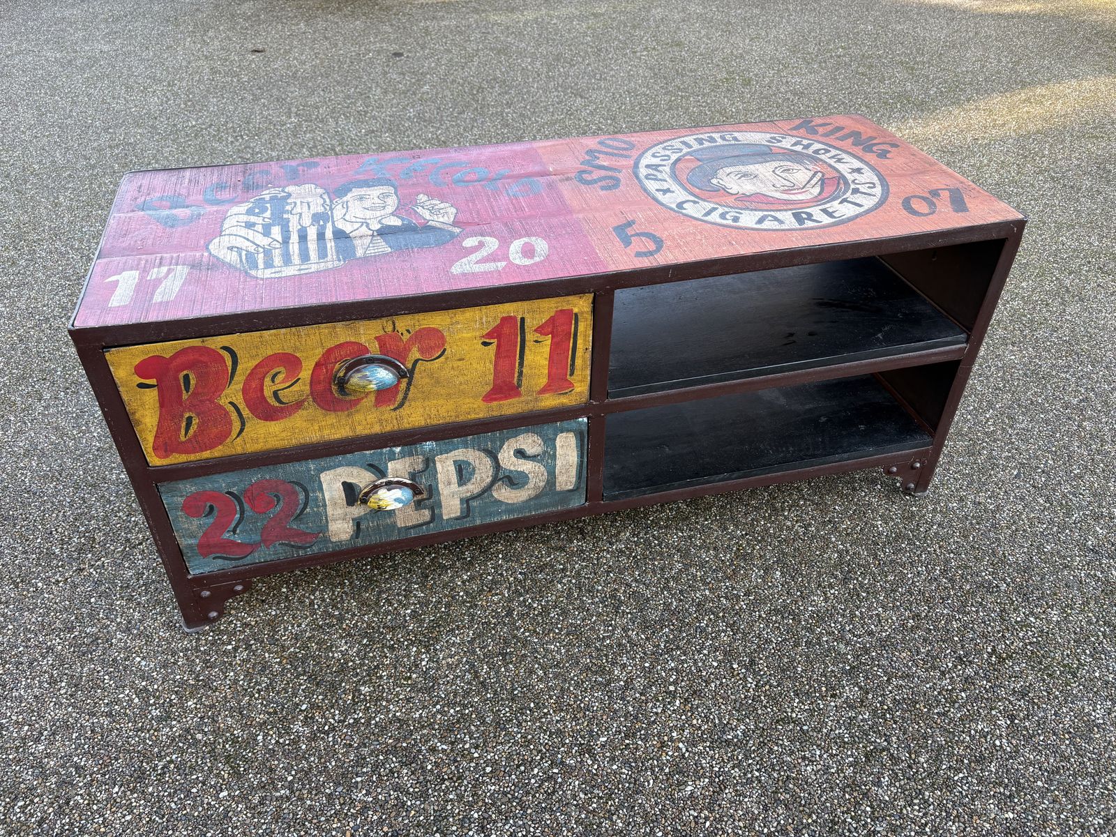 2 Low Metal Framed Wooden Storage Units With Shelving And Drawers, With A Playful Leeds Theatre Royal/Popular Drinks Design photo for sale