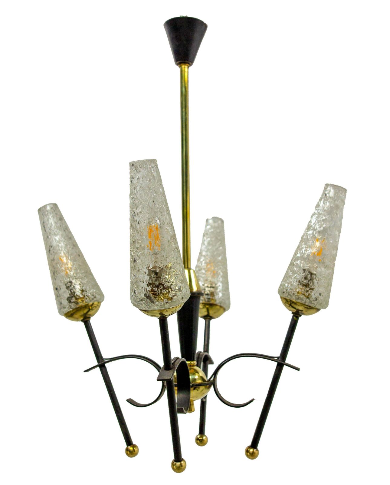 French Chandelier Ceiling Pendant Lustre Four Lamps Black Metal & Brass, C 1960 photo furniture