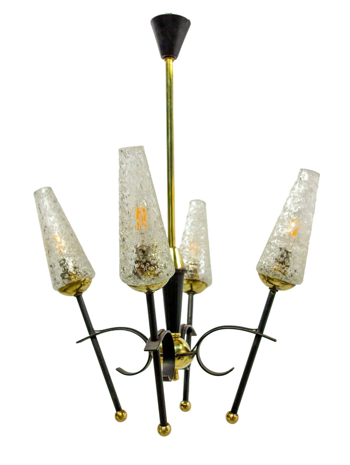 French Chandelier Ceiling Pendant Lustre Four Lamps Black Metal & Brass, C 1960 photo for sale