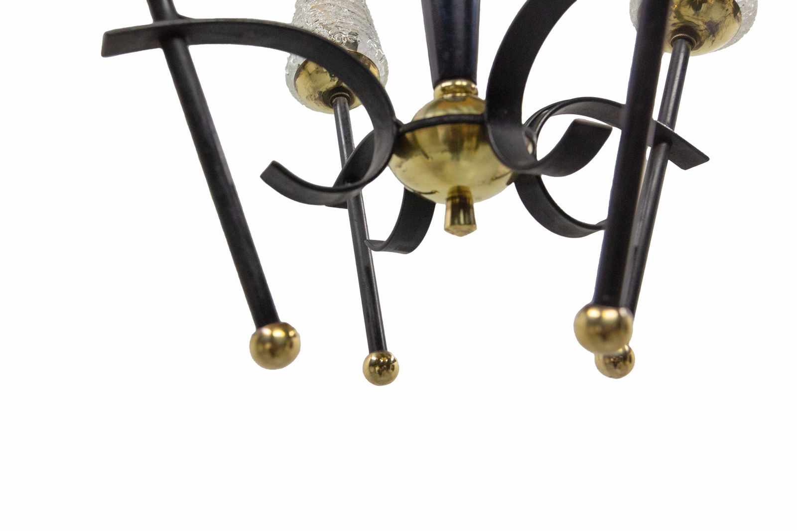 French Chandelier Ceiling Pendant Lustre Four Lamps Black Metal & Brass, C 1960 photo buy