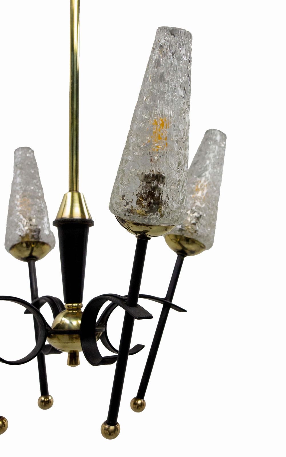 French Chandelier Ceiling Pendant Lustre Four Lamps Black Metal & Brass, C 1960 photo vintage