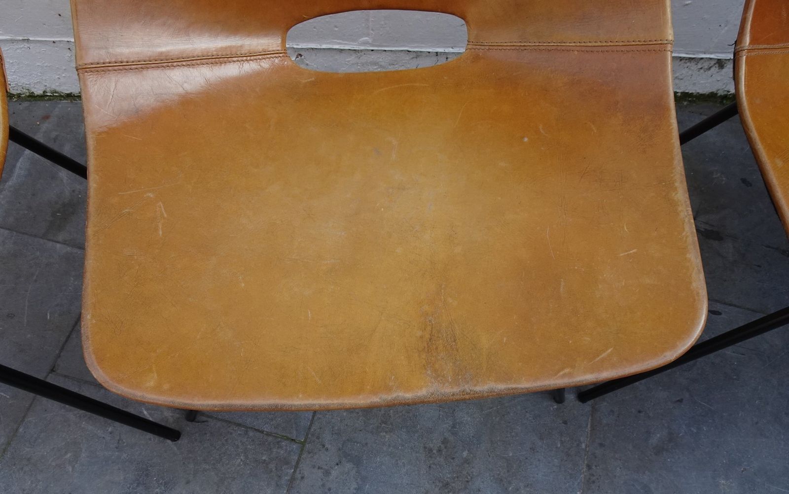 Vintage Cognac Leather Tonneau Chairs By Pierre Guariche, 1990s, Set Of 4 photo vintage