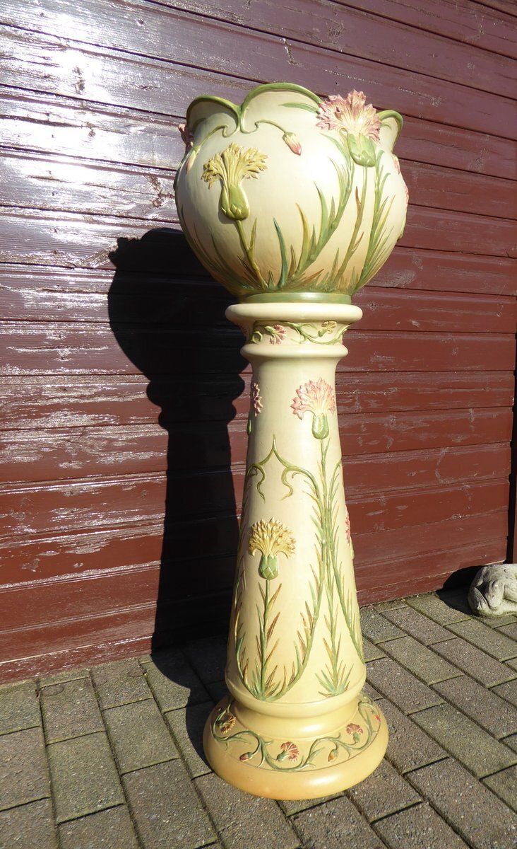 Art Nouveau Cachepot Sur Colonne Planter On Display By Jean Massier For Vallauris, Set Of 2
