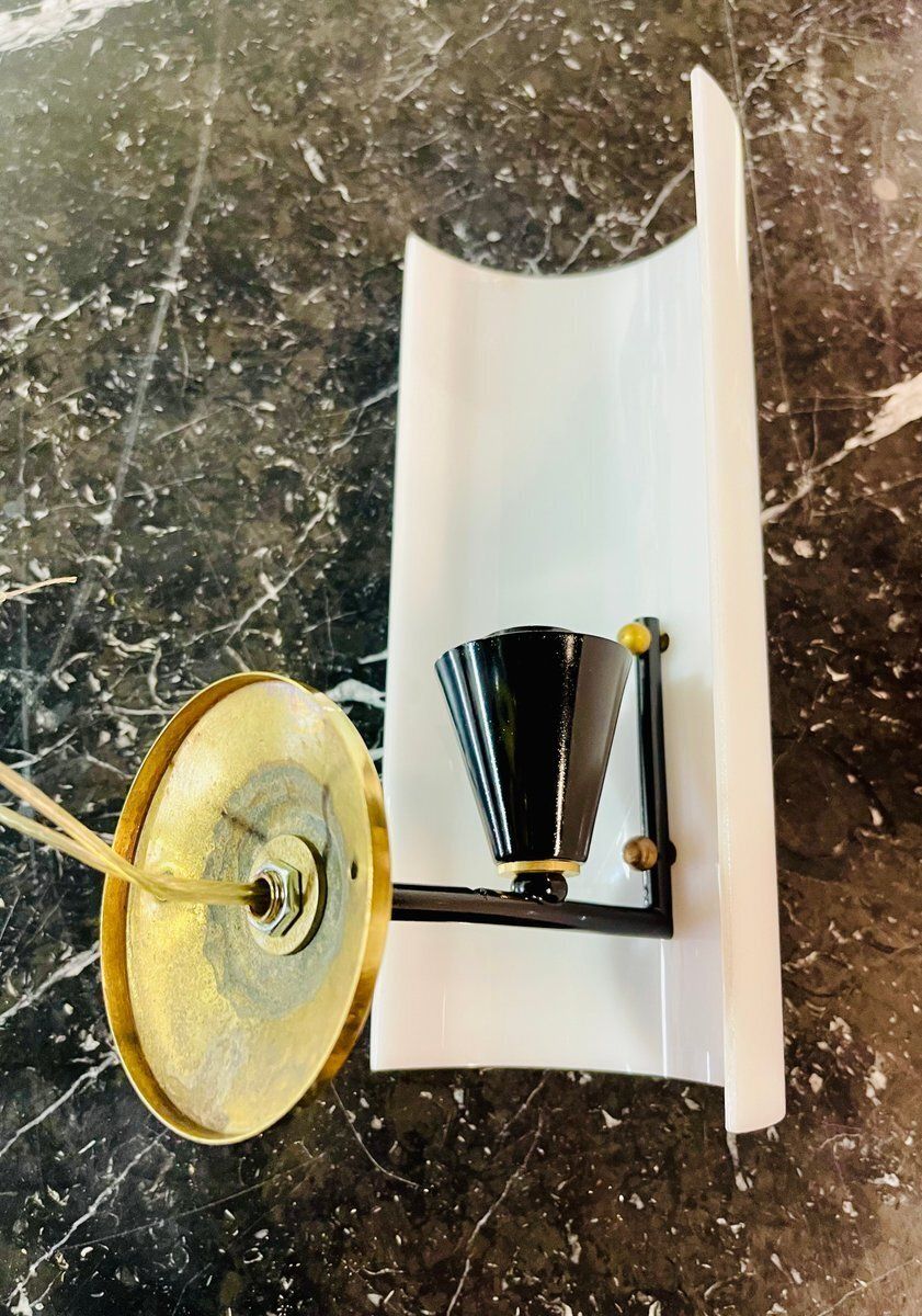 Italian Wall Lamp In Black Lacquered Brass, Acrylic Glass And Wood Finish, 1960s photo buy