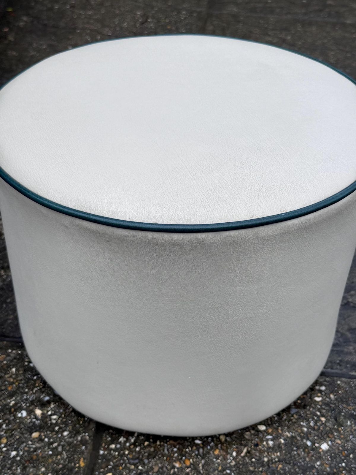 Vintage Faux Leather Cream Cylinder Stool / Ottoman With Dark Green Trim, C. 1970s–Early 1980s photo buy
