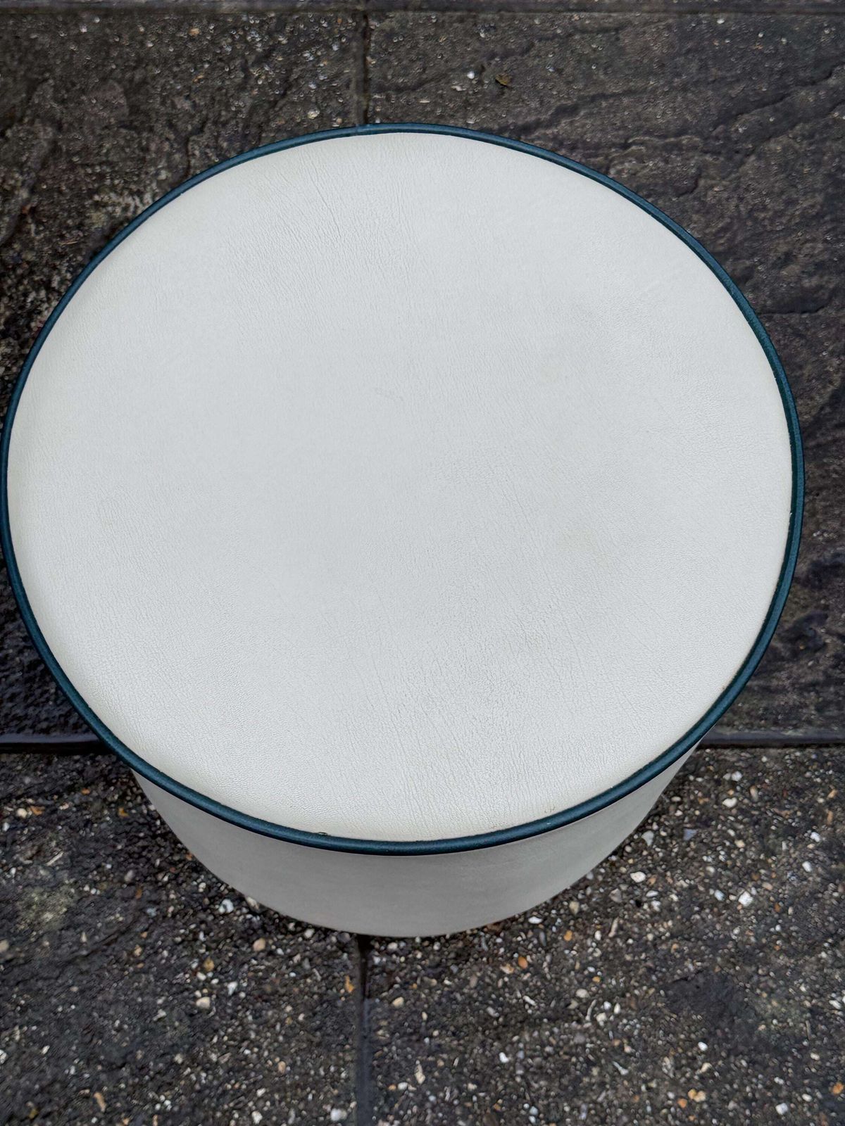 Vintage Faux Leather Cream Cylinder Stool / Ottoman With Dark Green Trim, C. 1970s–Early 1980s photo vintage