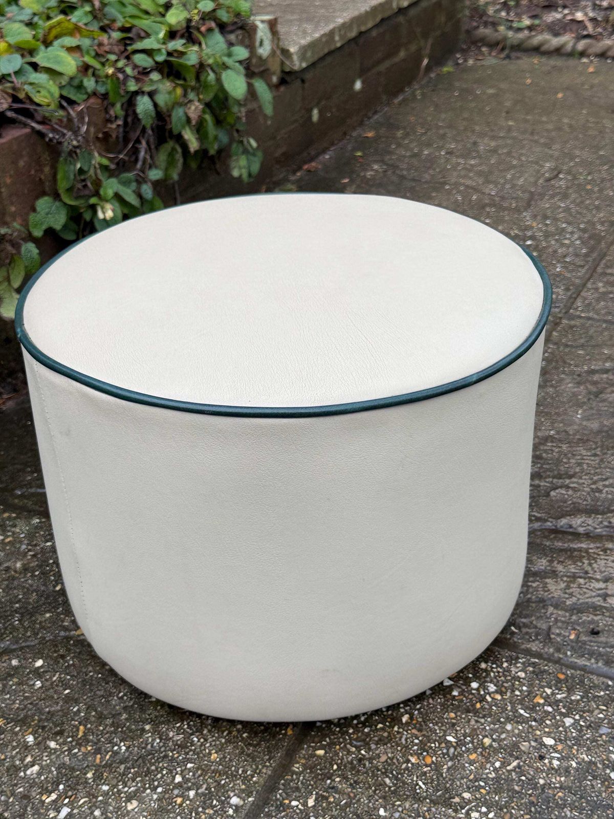 Vintage Faux Leather Cream Cylinder Stool / Ottoman With Dark Green Trim, C. 1970s–Early 1980s photo furniture