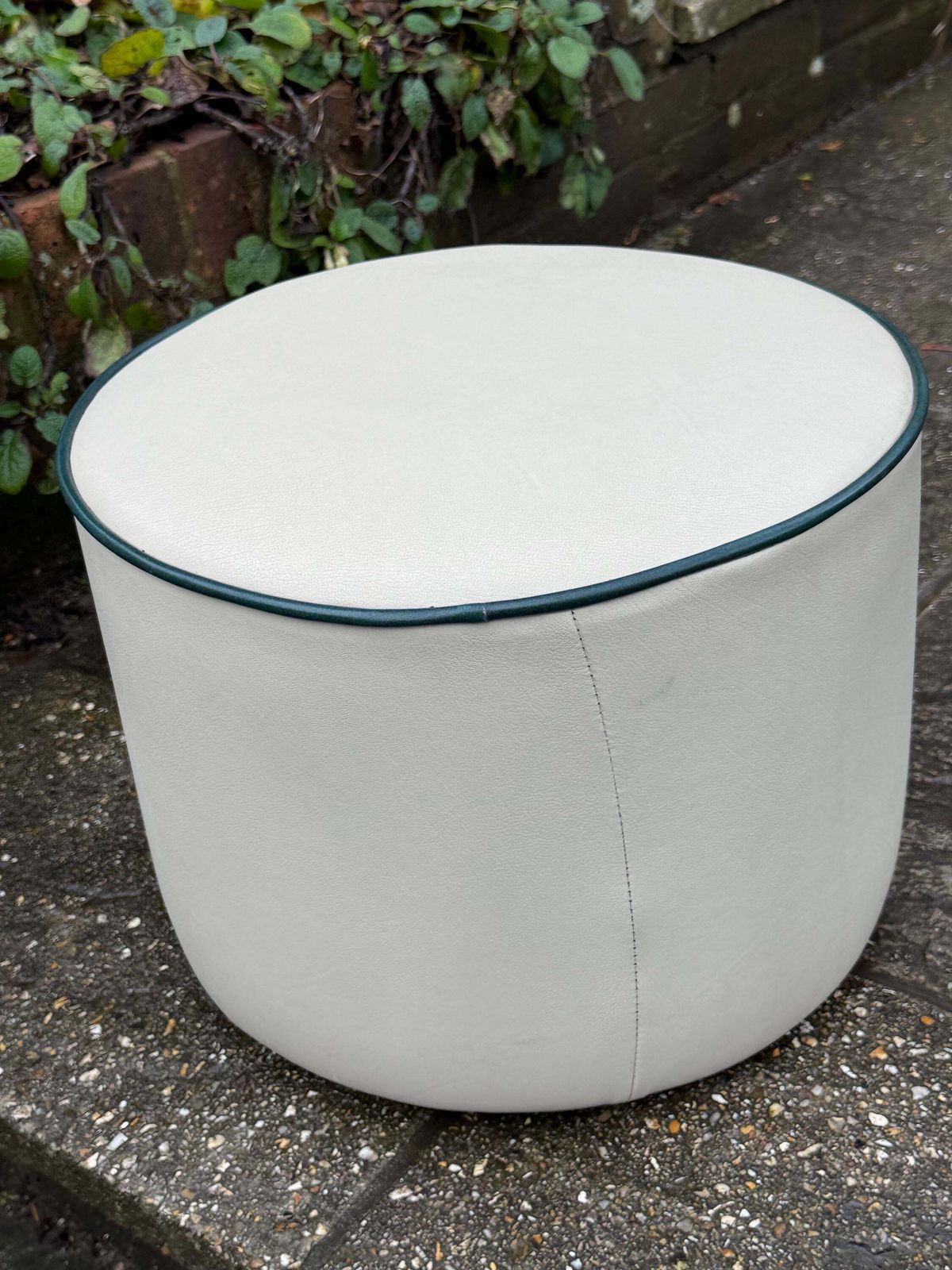 Vintage Faux Leather Cream Cylinder Stool / Ottoman With Dark Green Trim, C. 1970s–Early 1980s photo 140.0