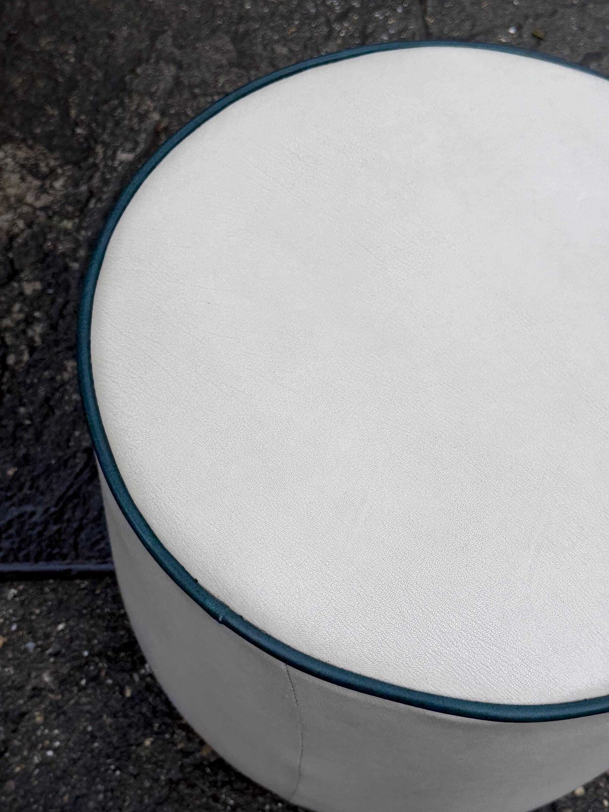 Vintage Faux Leather Cream Cylinder Stool / Ottoman With Dark Green Trim, C. 1970s–Early 1980s photo buy