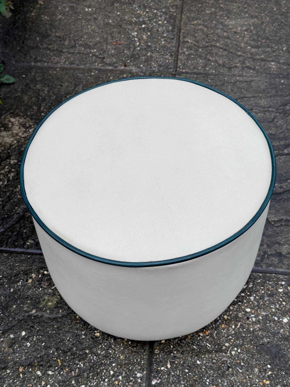 Vintage Faux Leather Cream Cylinder Stool / Ottoman With Dark Green Trim, C. 1970s–Early 1980s photo vintage