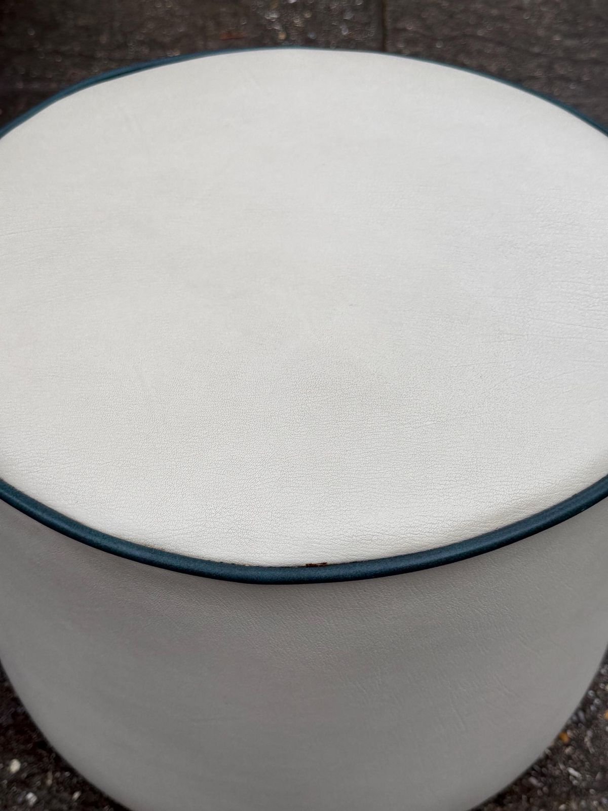 photo furniture Vintage Faux Leather Cream Cylinder Stool / Ottoman With Dark Green Trim, C. 1970s–Early 1980s