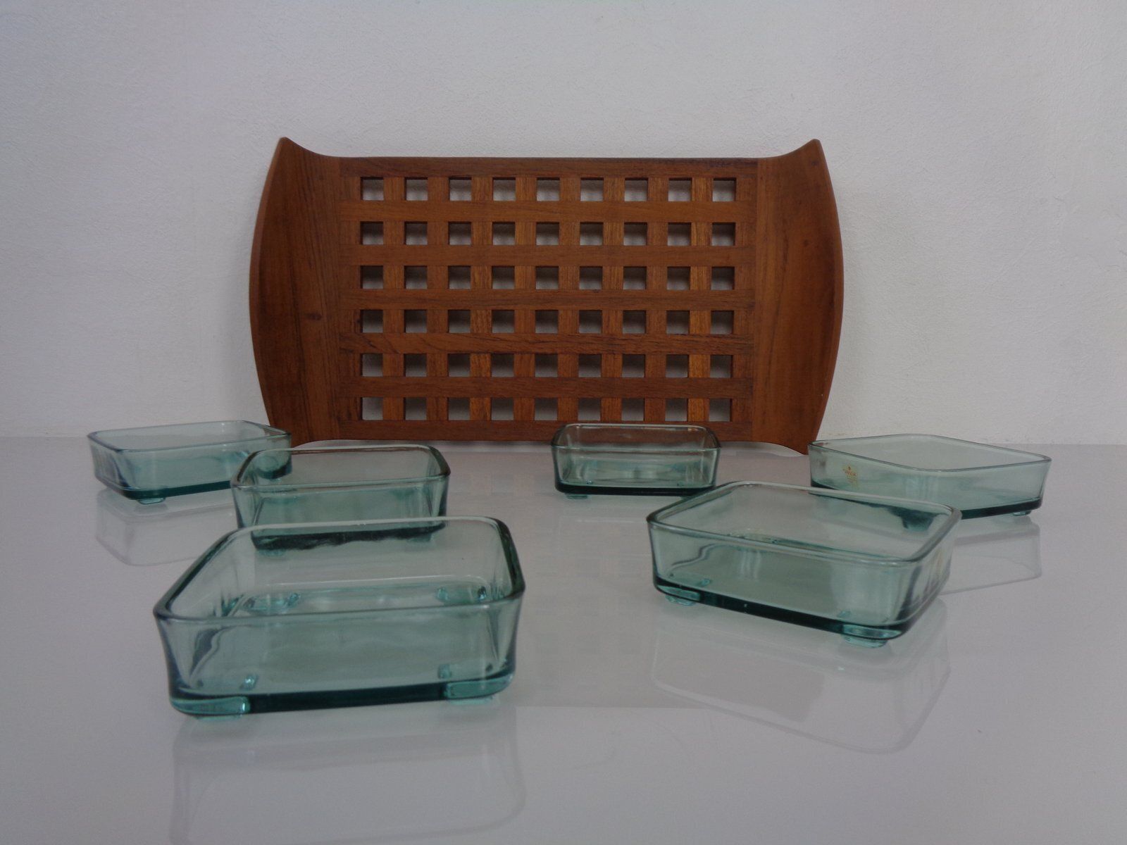 Teak Tray With Glass Bowls By Jens Quistgaard For Ihq Dansk Designs, 1960s, Set Of 7 photo vinterior