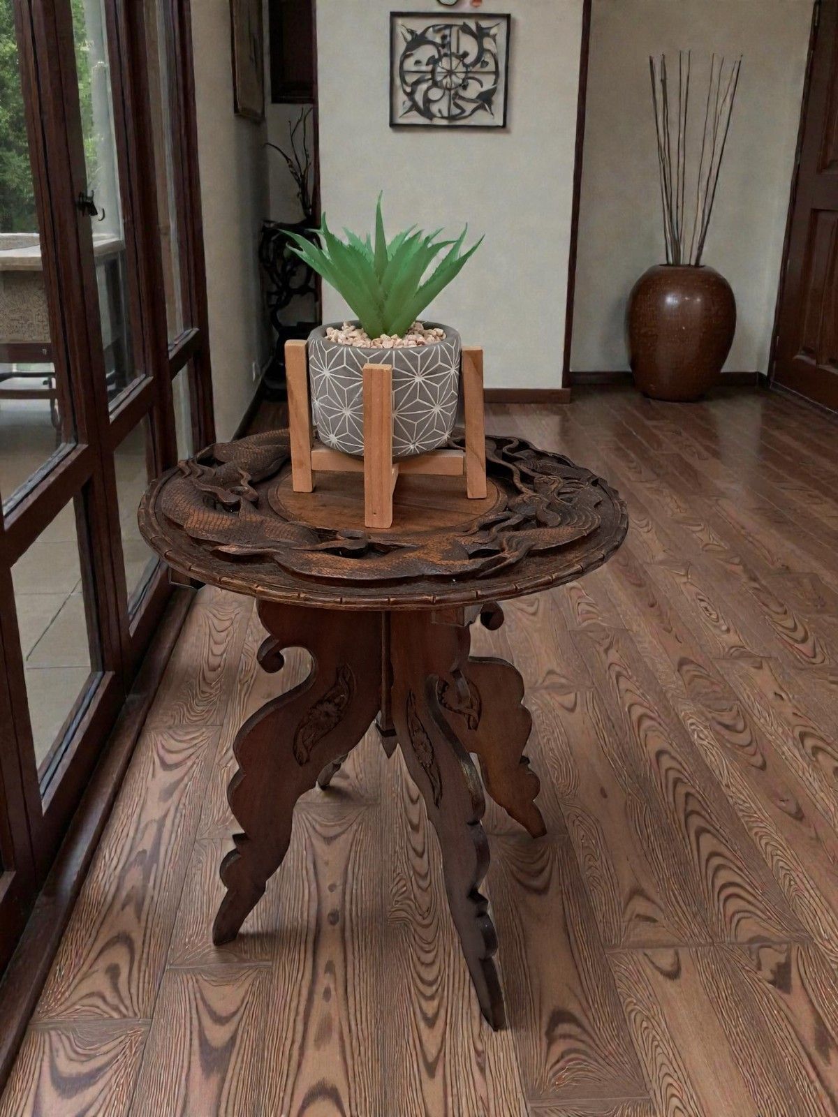 Antique Oriental Table Dragon Wooden Carved Plant Side Table 1920 photo vinterior