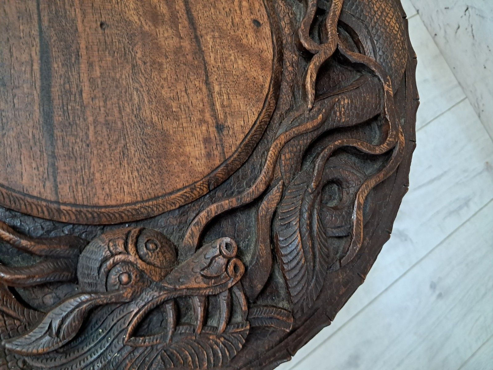 photo vinterior Antique Oriental Table Dragon Wooden Carved Plant Side Table 1920