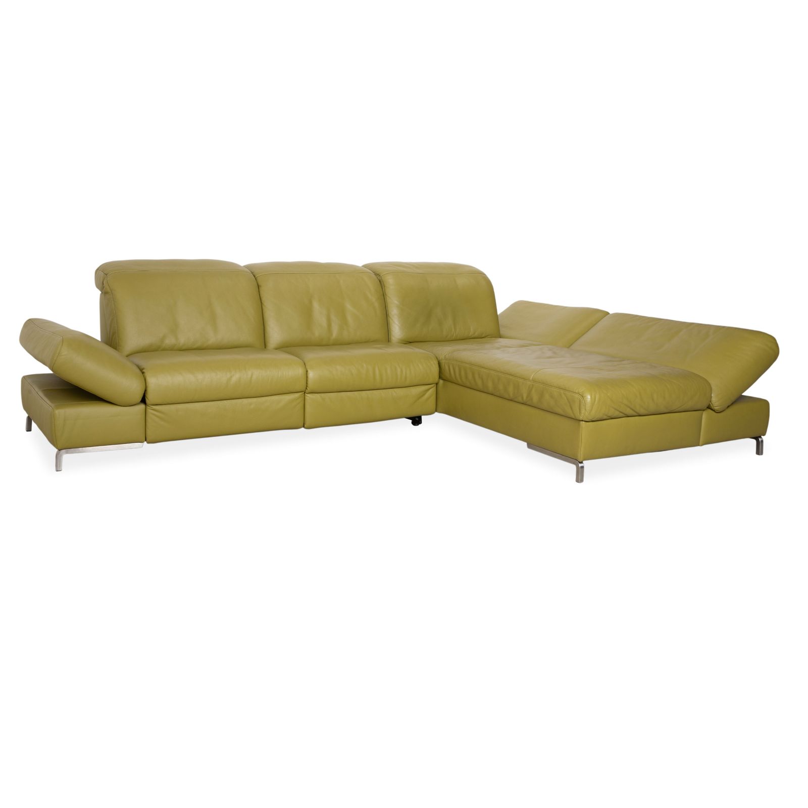 Canapé d'angle Himolla en cuir vert olive, fonctions électrique et manuelle